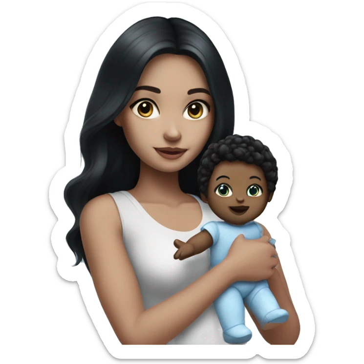 white Girl with black hair and blue eyes playing with baby doll sticker