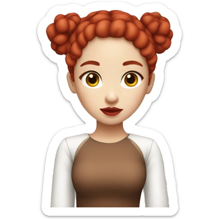 Create an Emoji Chinese Girl, slightly curly and long red hair and 2 buns on top of her head, red lipstick, white skin, brown eyes, red mesh shirt sticker