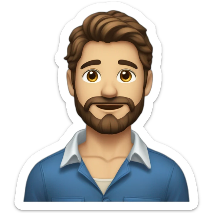 Un jeune homme avec une barbe légèrement fournie, des cheveux courts bruns et un regard confiant, vêtu d'une chemise à carreaux bleu marine. sticker
