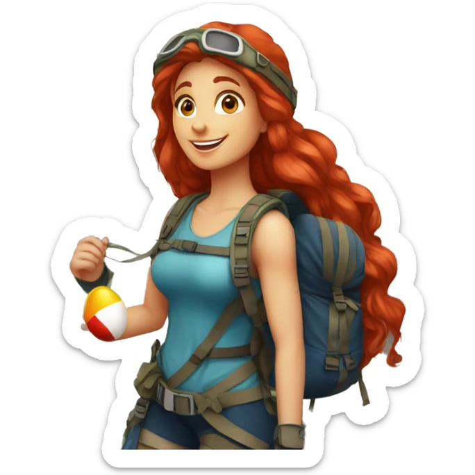 Greek flag background  Female mountain climber long red hair climbing with Greek flag on backpack and holding Easter eggs basket sticker