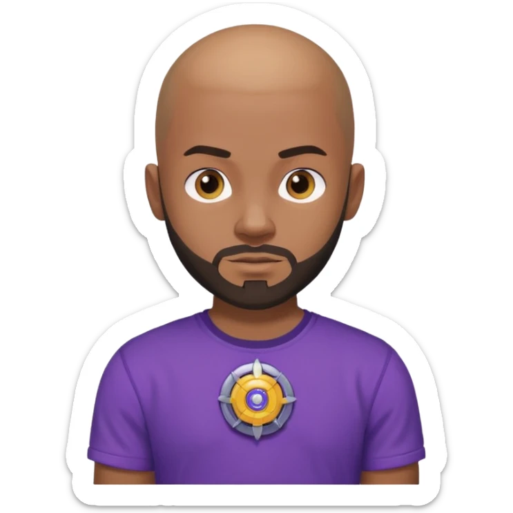 um jovem negro, careca, com barba, com um olhar confiante e olhando para frente, usando uma camisa roxa mostrando o seu beyblade. sticker