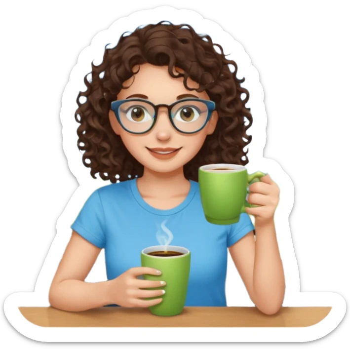 White girl with dark brown curly hair, brown eyes, sky blue glasses, nose ring, apple green t shirt, drinking coffee from a glass cup sticker