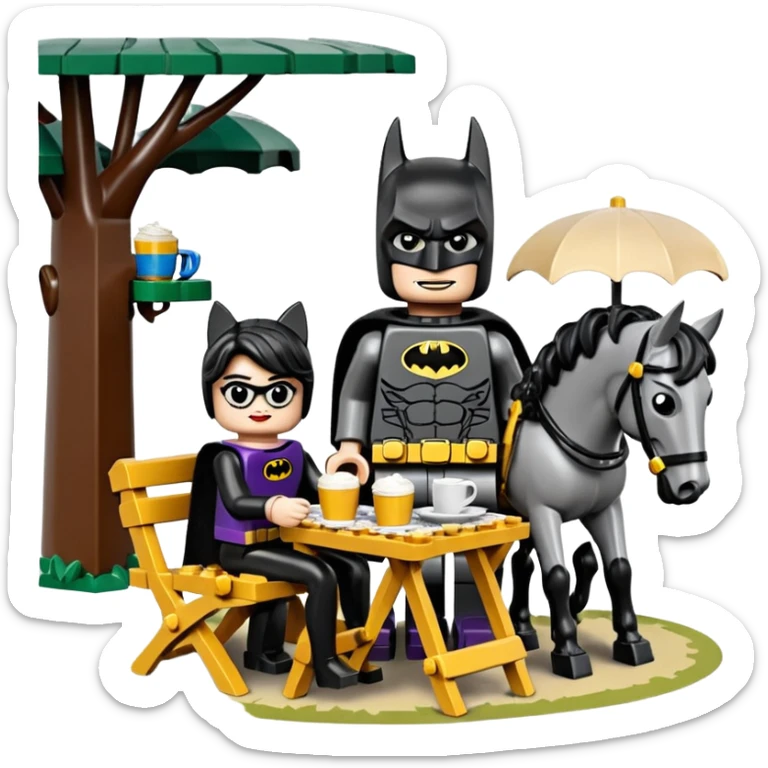  Ultra cute  Lego detailed 1854 Batman and pretty Catwoman dream horse drawn Caravan with picnic table and folding chairs alone at romantic afternoon (hot chocolate and cheeseburgers on the grill) sticker