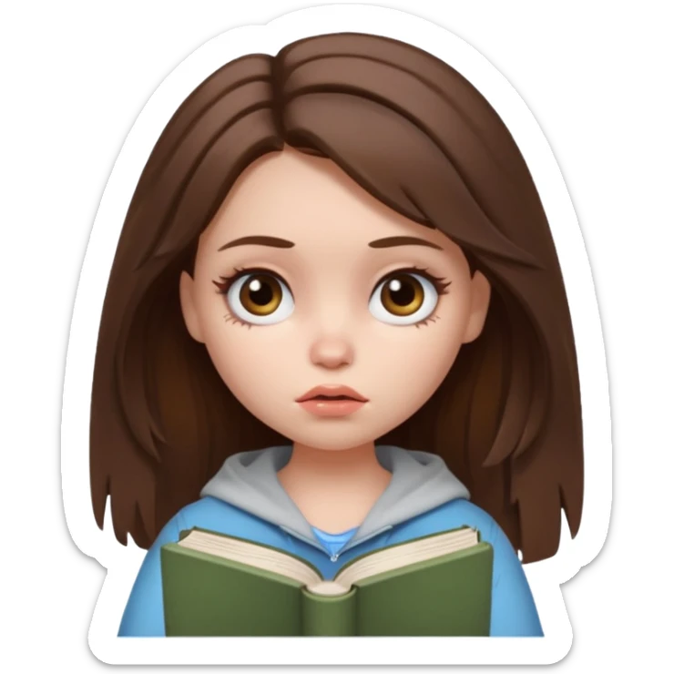 generate a pretty bratz girl with dark circles and a book in hand, looking tired. Messed up hair  sticker