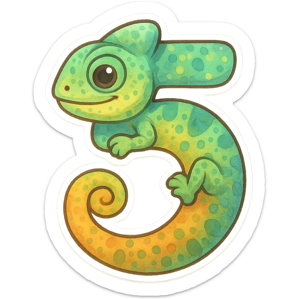 stylized number 5 with chameleon skin texture and colors, the head and tail of the chameleon integrated into the number sticker