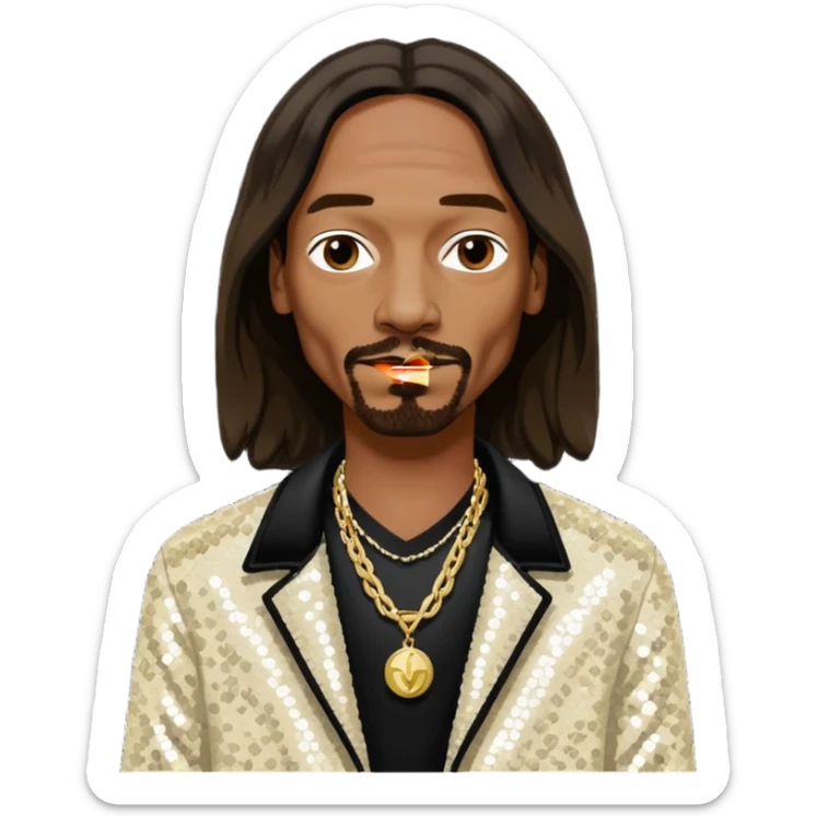 Snoop Dogg with long dark brown hair, ivory sequin jacket, black shirt with necklace sticker