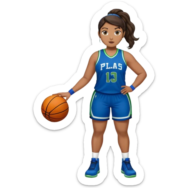 full body plus size  latino women basketball player with wavy dark hair in pony tail wide nose wearing blue uniform with green accent sticker