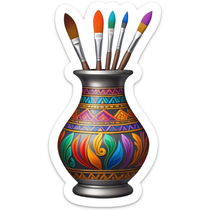 Metal painting icon, fine paintbrush painting a detailed metal statuette or vase with bright, vivid colors, visible strokes and intricate patterns, no finished artwork, just the painting process, minimalistic style, clean lines, transparent background. sticker