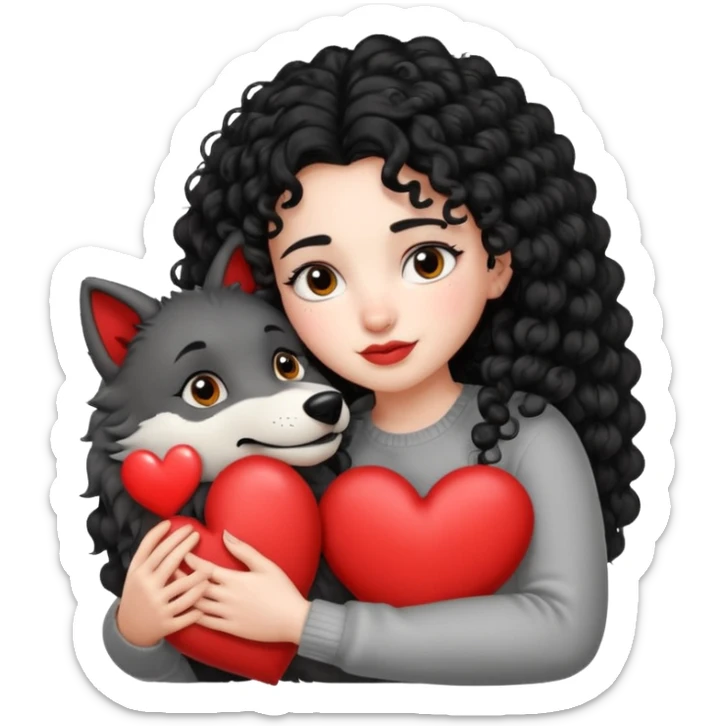 Black curly hair white skin girl hugging one big wolf with hearts above them sticker