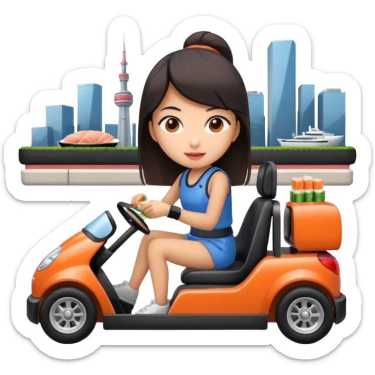 Asian girl driving a gokart and eating sushi in a city sticker