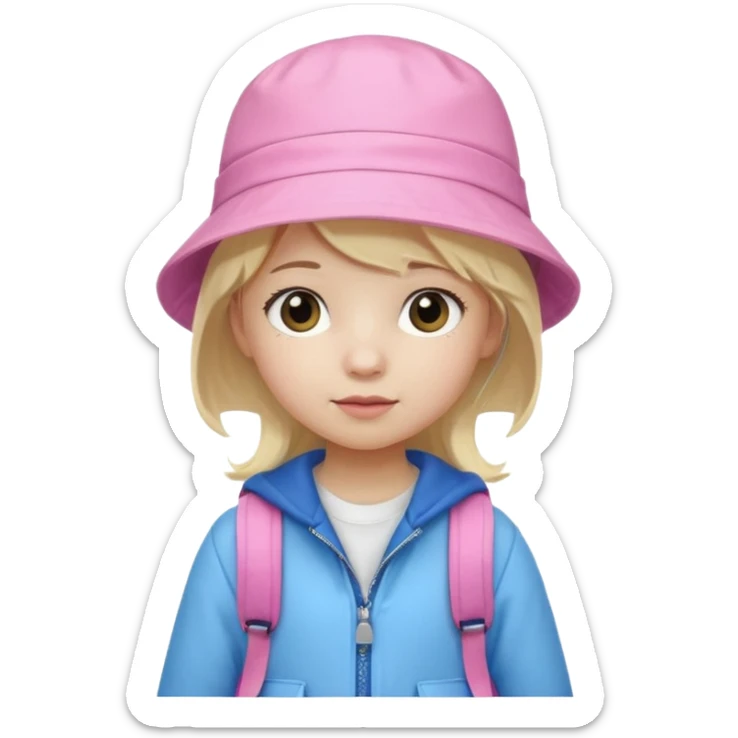 A little girl student white skin, blonde hair, with pink bucket hat, white jacket, blue backpack sticker