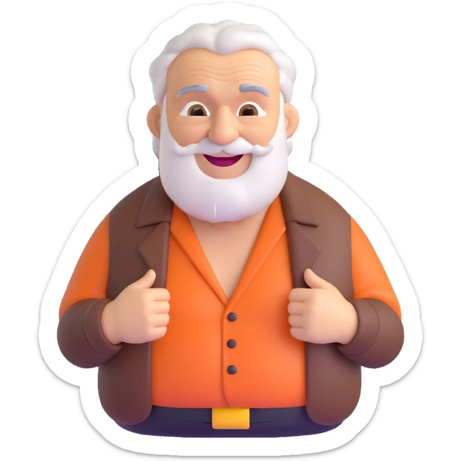an elderly fat hairy grandpa, smiling, with thick eyebrows and chest hair showing from an open shirt, 3D emoji style sticker