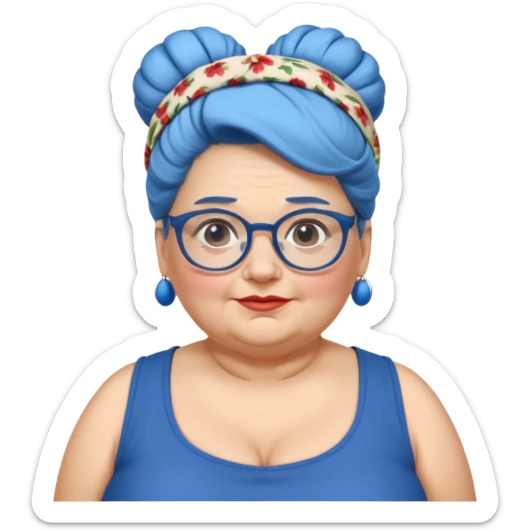 fat old woman with blue big bun hair and glassess and headband sticker