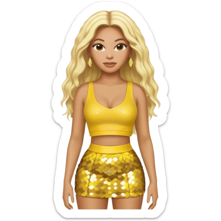 Beyonce with long platinum blonde hair, yellow sequin crop top and skirt sticker