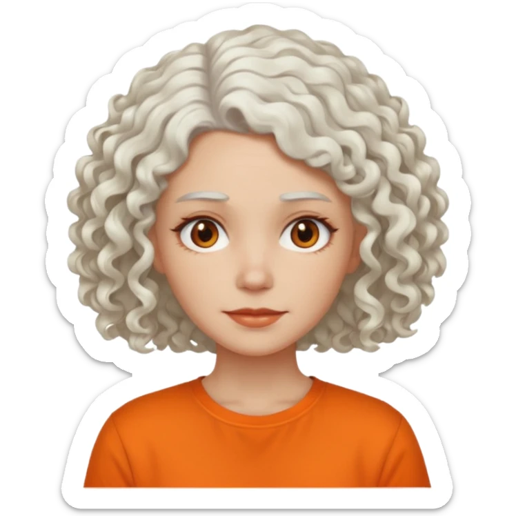 curly white  hair woman in orange shirt no smile sticker