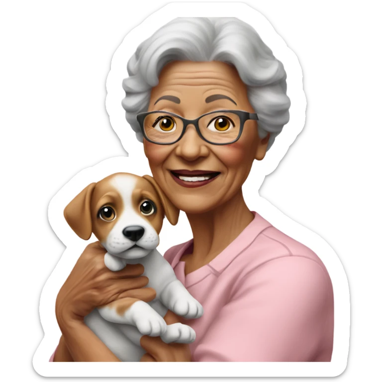 Create a 3d hyper realistic photo of a senior woman holding a puppy  sticker