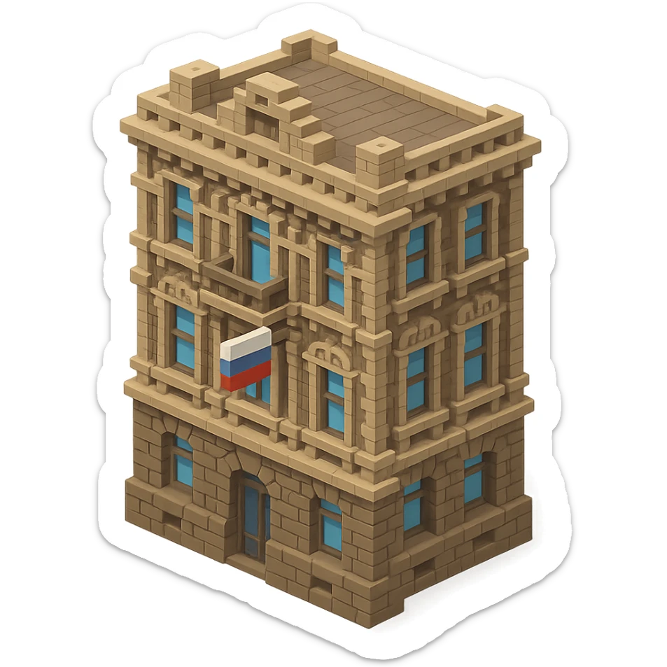 voxel style old Saint Petersburg building, gray-brown tones, ornate facade, Russian flag hanging from one window or balcony, isometric view sticker