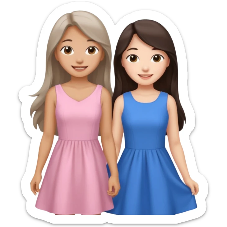 one Korean girl in blue and one white long haired brunette girl in light prink dresses smiling sticker