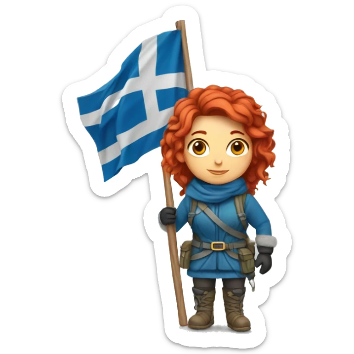 female winter mountaineer red hair holding greek flag sticker