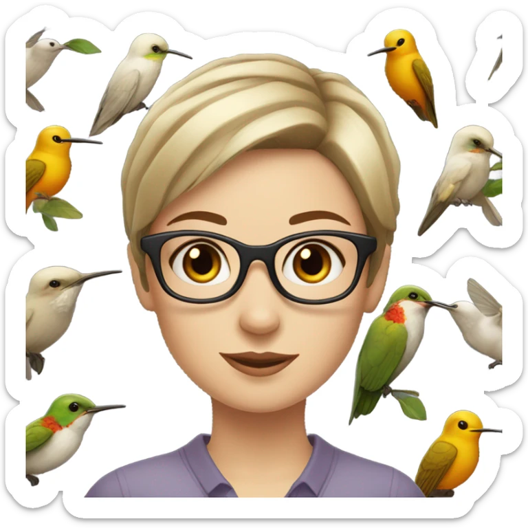 White girl  , brunette, with short hair, wearing glasses with a hummingbird next to her sticker