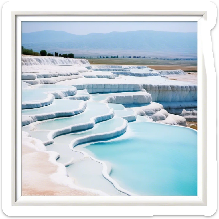 Cinematic Realistic Pamukkale Landmark Emoji, showcasing surreal cascading terraces of thermal waters rendered with ethereal textures and soft, luminous lighting. sticker