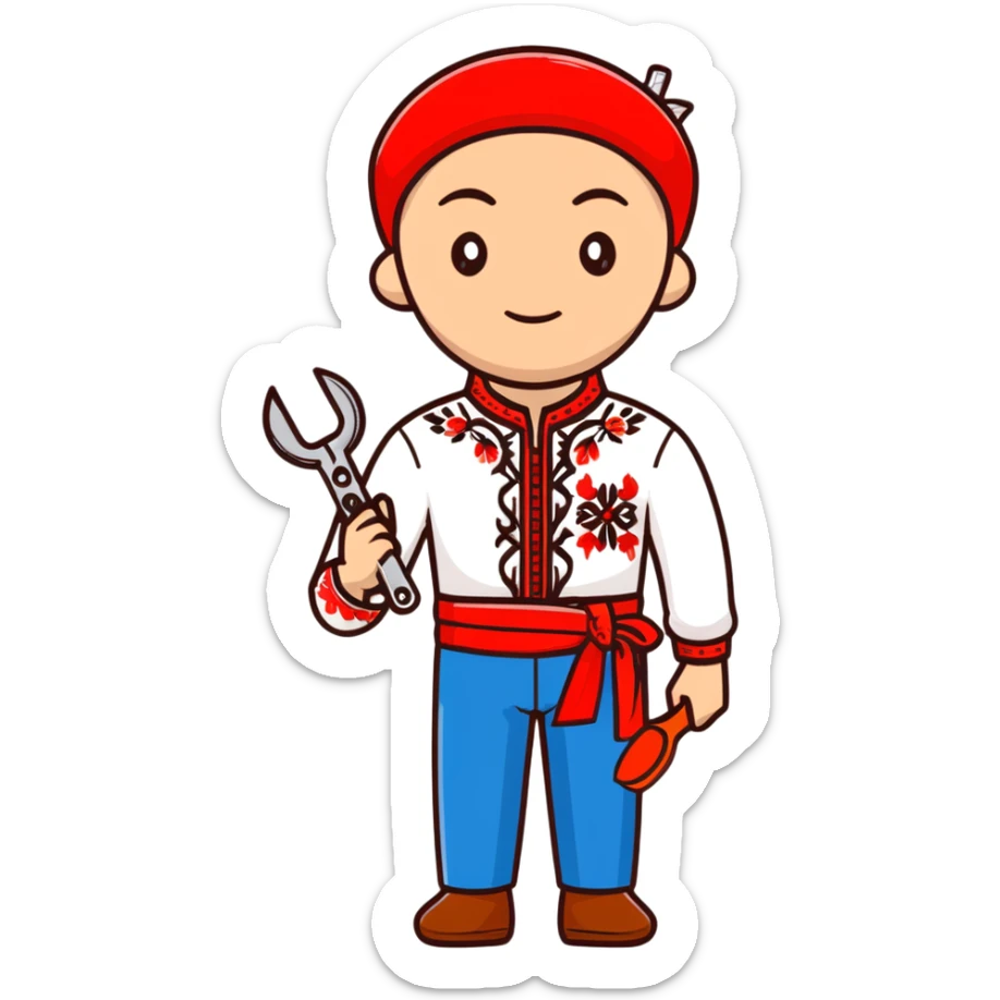 A Ukrainian man wearing traditional white embroidered vyshyvanka shirt holding red scissors in one hand and a spanner/wrench in the other hand sticker