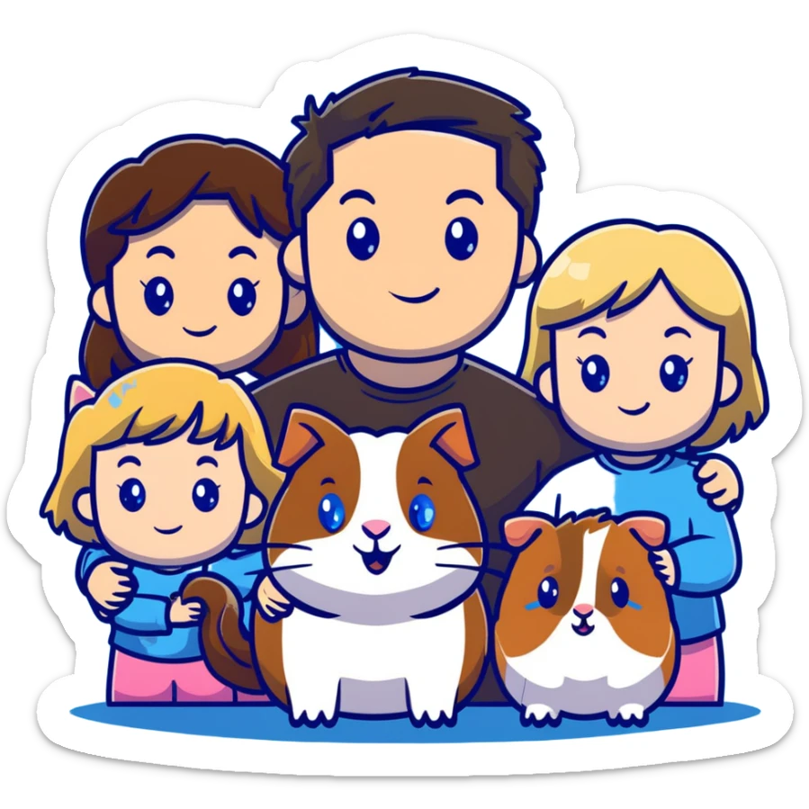 Family portrait with father with dark brown hair and blue eyes, mother with light brown hair and blue eyes, three blonde little girls with blue eyes, plus a cat and two guinea pigs sticker