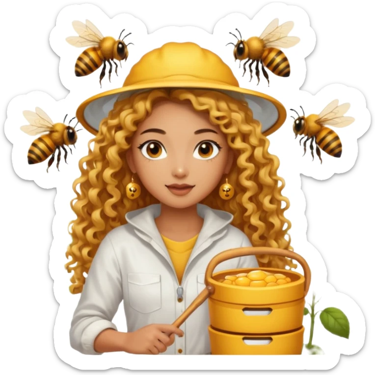 nude girl harvesting honey on bee farm, sexy and muscled, full body nude, tanned asian girl, sexy nude girl, beautiful eyes, makeup, earrings, muscled, surrounded by bees, long golden curly hair sticker