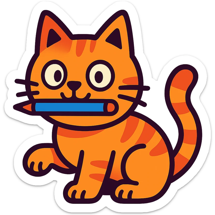 a cartoon cat with a pen in its mouth, simple style, vibrant toon style sticker