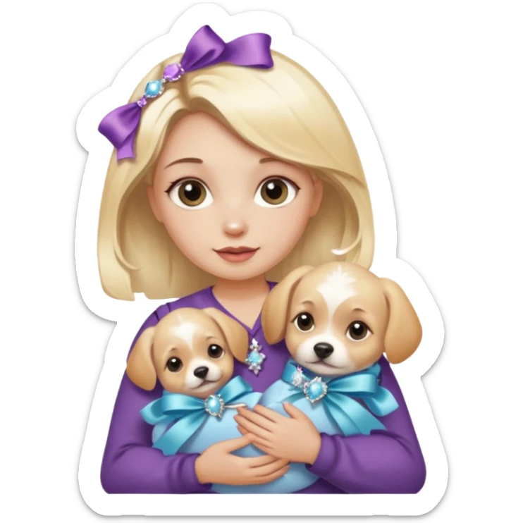 woman holding baby dogs with ribbons and crystals sticker