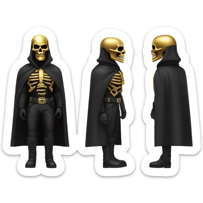 Bounty Hunter Boss with black cape and a perfect gold skull jaw mask from death Stranding, full body front and back sticker