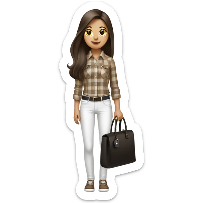 a brunette girl with long straight hair stands in a brown checkered shirt and white pants, in white headphones with a small black handbag sticker