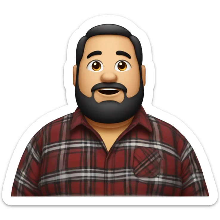 Fat man wearing a darkred and black plaid flannel shirt profile picture, happy, black hair sticker