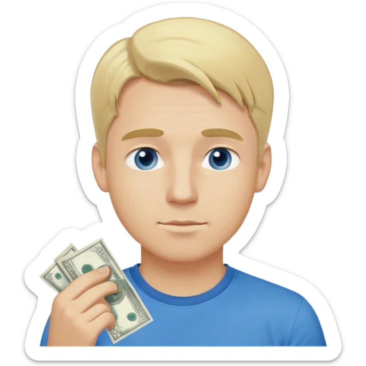 Man with blonde hair and blue t shirt in love with money  sticker