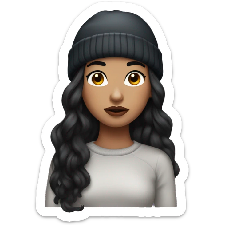 beautiful girl with long flowy black hair and pouty glossy lips wearing winter beanie sticker