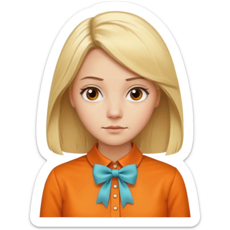 longer blond hair  straightnot smiling woman with orange blouse bow collar sticker