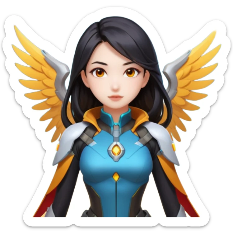 emojis.com an-asian-girl-with-dark-long-hair-and-dark-eyes,-wearing-futuristic-clothes-like-mercy-from-overwatch,-has-her-wings.-on-the-background-is-nebula-of-yellow,-orange,-red-and-turquoise-colours.-she's sticker