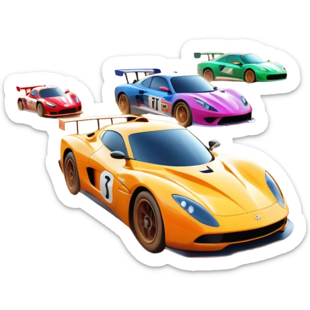 A sleek racing car and motorcycle speeding on a track, leaving a trail of dust behind. The scene captures the thrill of high-speed competition, with blurred motion and vibrant colors, highlighting the dynamic energy of motorsport. sticker