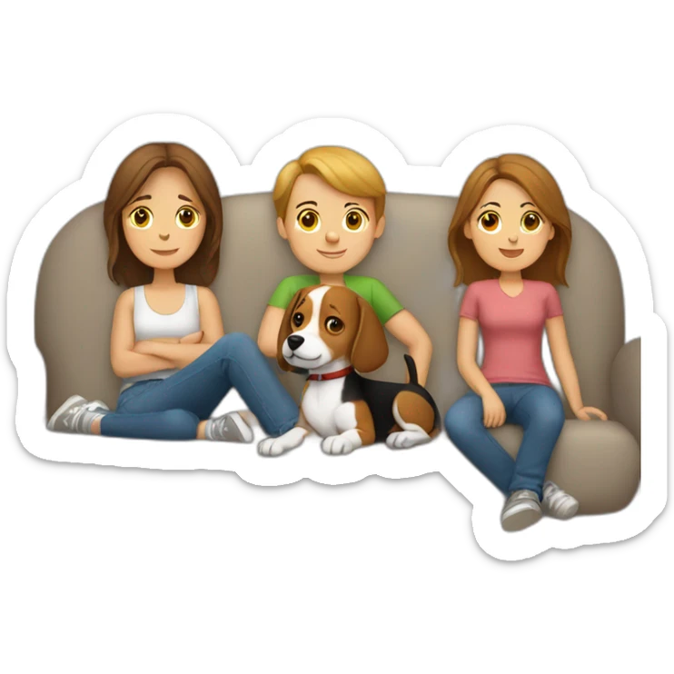 Brown hair White boy and girl and beagle Sit on couch sticker