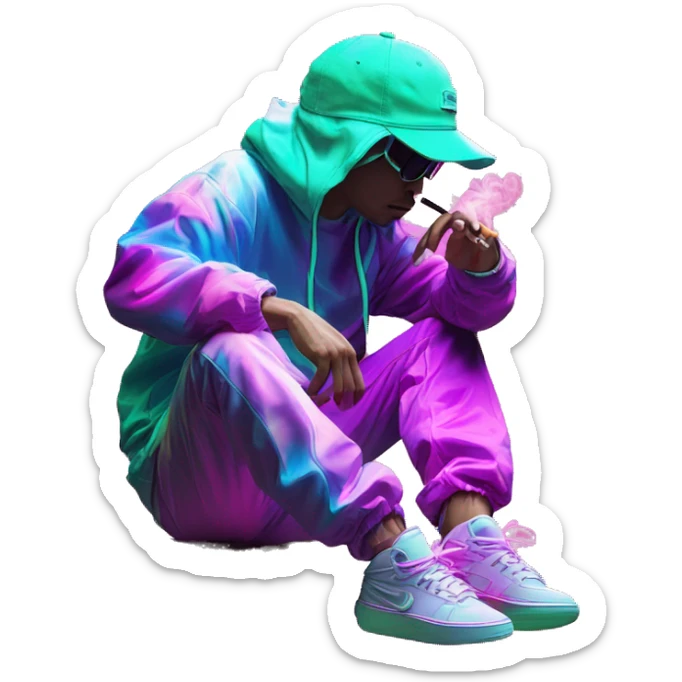 Multicoloured neon Vaporwave person smoking wearing hoodie dancing hip hop bucket hat tropical Skater fashion aesthetic baggy clothes graphic t shirt 420 sticker