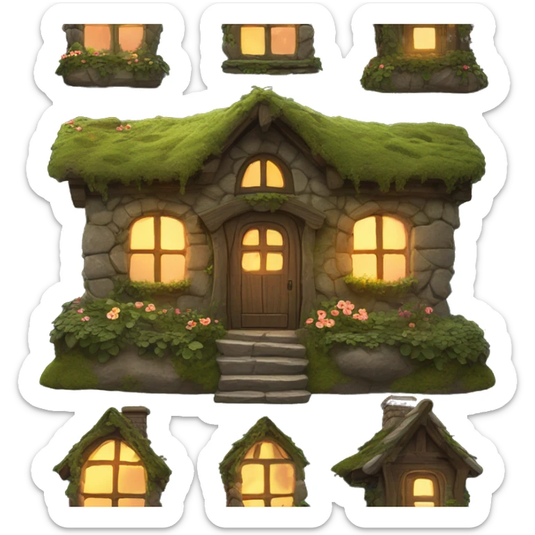 A cozy fantasy cottage made of stone and wood, covered in moss, vines, and flowers. The windows are aglow with firelight. sticker
