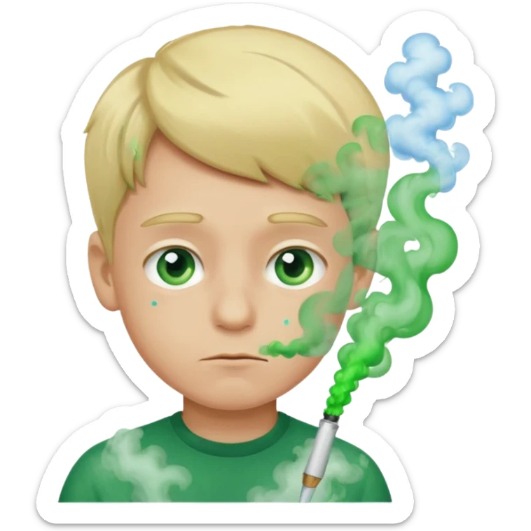 boy with green smoke due to the unpleasant smell on his body, blond and blue eyes. sticker