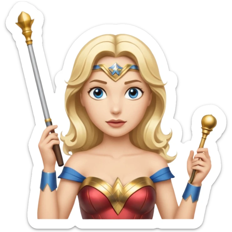 Blonde blue eyed Wonder Woman holding white orchestra conductor’s baton and bell sticker