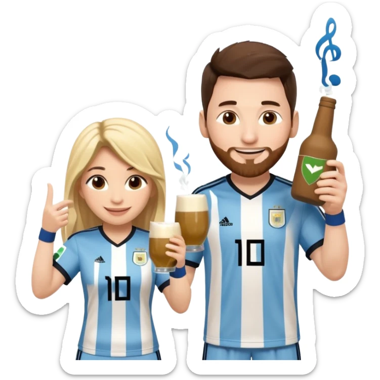 Messi in Argentina jersey and Shakira in a stage outfit, toasting with yerba mate, both smiling, cute and fun emoji style, with musical notes sticker