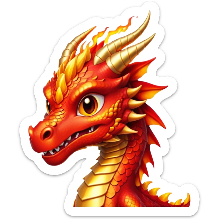 Cinematic Cute Fierce Fire Dragon Portrait Emoji, Head tilted playfully and inquisitively, showcasing a robust, flame-embellished form with intricately detailed scales in vibrant reds and glistening golds, accented by flickering ember highlights and a warm, inviting glow; rendered with lifelike detail and radiant natural light, high shine, spirited yet endearing, styled with a touch of blazing whimsy, soft glowing outline, capturing the essence of a mischievous yet charming inferno that seems ready to dance with playful fire! sticker