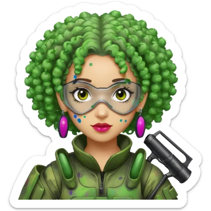 green curly haired painitball player with big earrings guy shot with lots of colors sticker