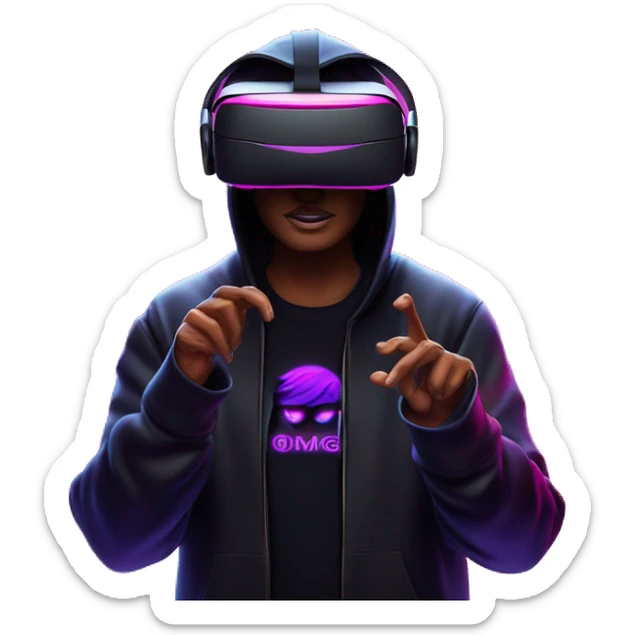 Donald Trump wearing a black hoodie with "OMG" letters on it and VR headset oculus quest 2 in a cyberpunk VR environment with violet neon lighting. sticker