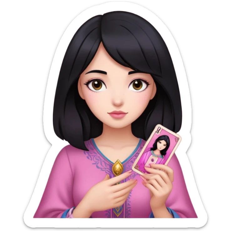 black hair girl with pink pink tarot cards sticker