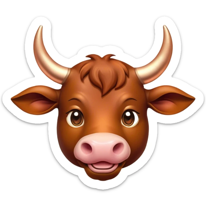 Cinematic Cute Domestic Bull Portrait Emoji, Head tilted playfully and inquisitively, with a sturdy, compact build and a smooth, polished coat of rich copper and brown hues accentuated by gently curved horns, round, sparkling eyes full of curious determination, Simplified yet irresistibly adorable features, highly detailed, glowing with a warm, friendly glow, high shine, affectionate and spirited, stylized with a touch of rustic charm, soft glowing outline, capturing the essence of a mischievous yet loving domestic bull that feels like it could trot out of the screen and into your arms! sticker
