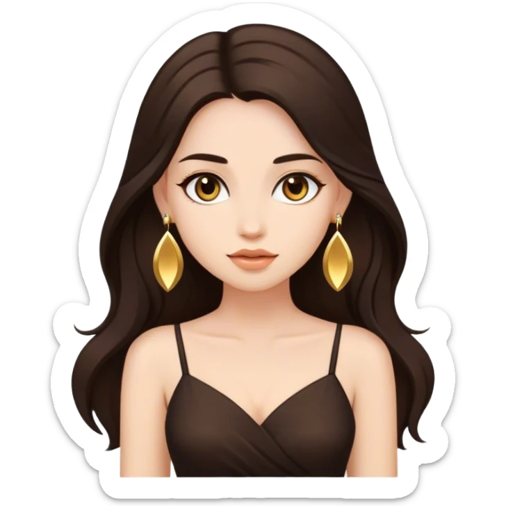 Beautiful woman,cute, long dark brown hair in dark dress with gold earrings sticker